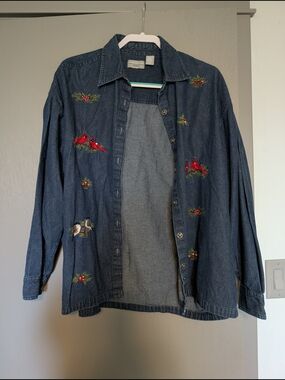 Embroidered Denim Shirt Jacket - Blue with Red Cardinal Detail
